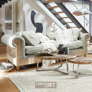 Sofa mit offenem Eichenholz-Gestell und Leinen-Bezügen