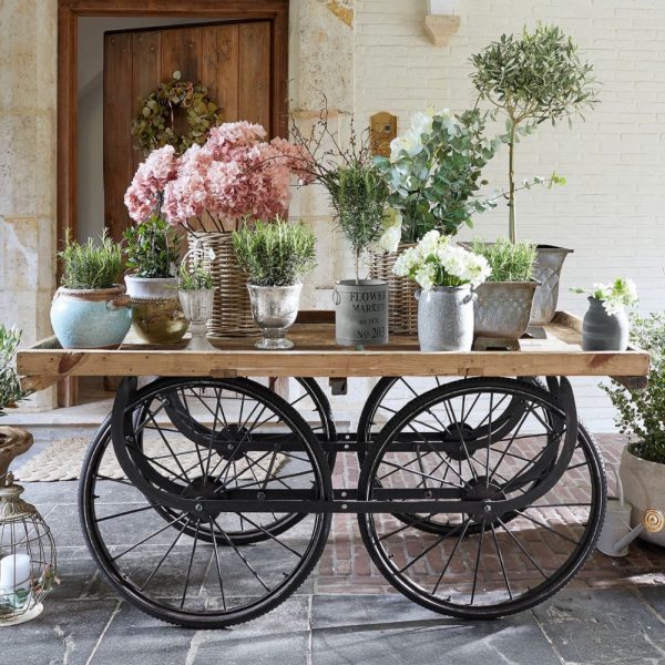 Servier-Wagen Annabel - Industrial-Anmutung - Eisenräder im antiken Stil - Platte wiederaufbereitetes Mangoholz - #20601 - H77-L160-B100cm