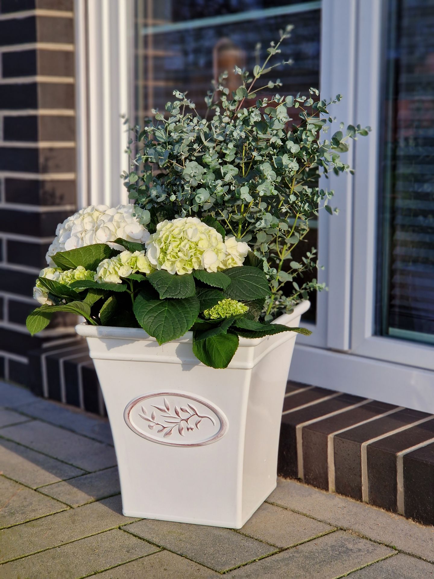 Übertopf - Kübel - Kunststoff - eckig - GLAZED-WHITE - Olivenzweig - S40-H42