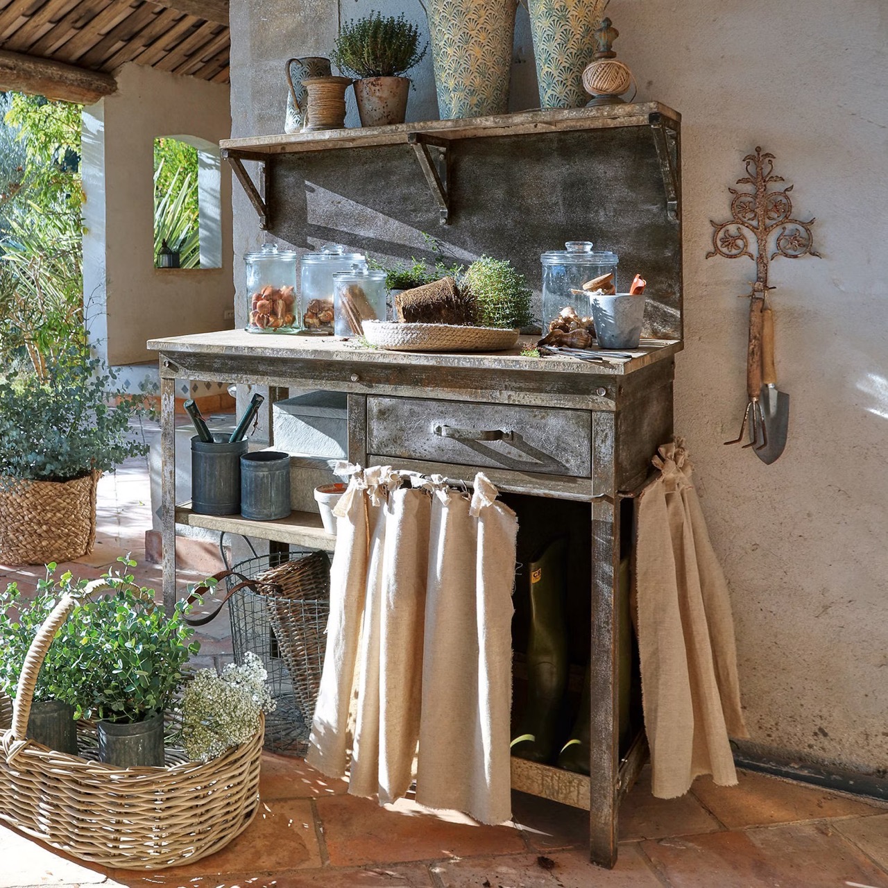 Pflanztisch-ANSAS-Eisen-Leinen-antikbraun-#19521-H130-B100-T48cm