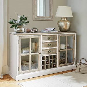 Kommode-Magoffin - aus massivem Kiefernholz - Einschübe mit Muschelgriff - Sprossenfenster mit Klarglas - mit praktischen Flaschenfächern