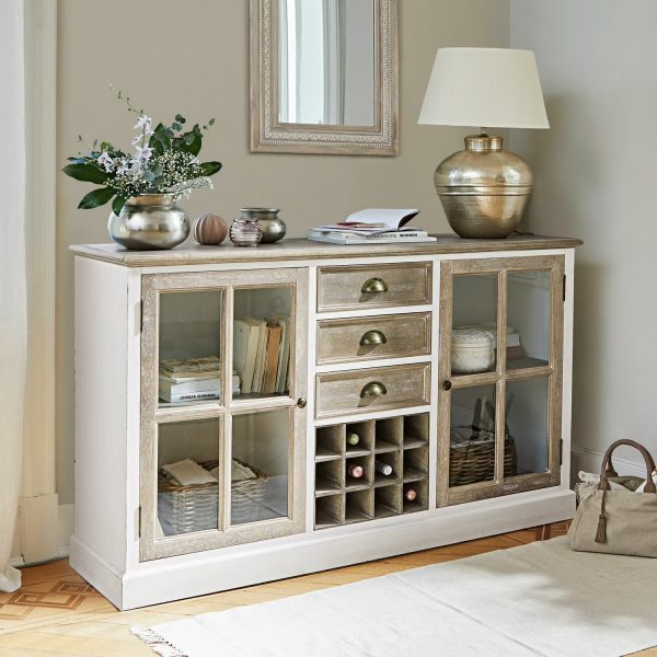 Kommode-Magoffin - aus massivem Kiefernholz - Einschübe mit Muschelgriff - Sprossenfenster mit Klarglas - mit praktischen Flaschenfächern