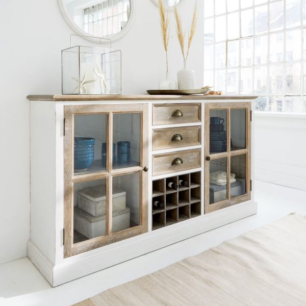 Kommode-Magoffin - aus massivem Kiefernholz - Einschübe mit Muschelgriff - Sprossenfenster mit Klarglas - mit praktischen Flaschenfächern