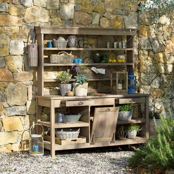 Gartenschrank Fallon - aus massivem Teakholz - perfekt auch als Outdoor-Küche - in Vintage-Optik - mit zwei Schubladen und großem Kippfach