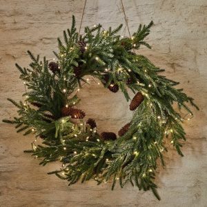 LED-Kranz-Sahani - Eisendraht - PU - grün - Gestell aus Kiefernzweigen - 100 warmweiße LEDs - Outdoorgeeignet