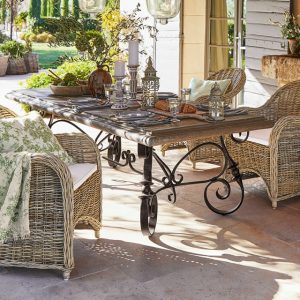 Tisch - BRÉHÉVILLE - Schmiedeeisen - #12357 - mit Antik-Patina - kunstvoll in Handarbeit geschmiedet - massives Eisengestell - Platte aus Steingemisch