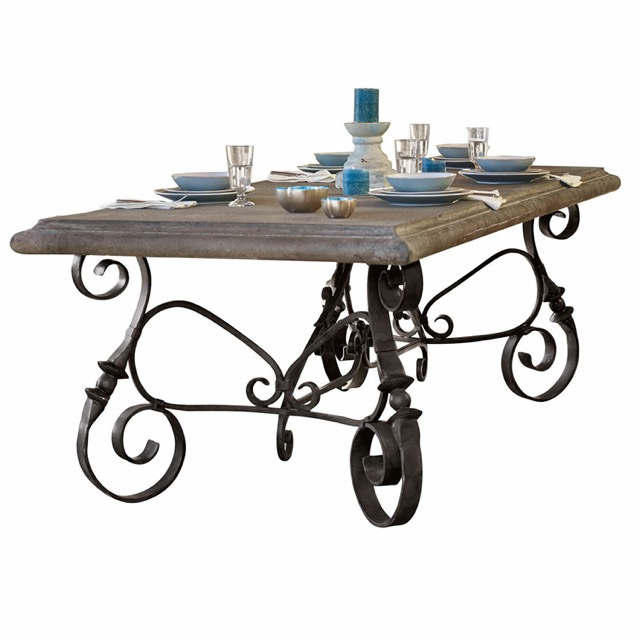 Tisch - BRÉHÉVILLE - Schmiedeeisen - #12357 - mit Antik-Patina - kunstvoll in Handarbeit geschmiedet - massives Eisengestell - Platte aus Steingemisch