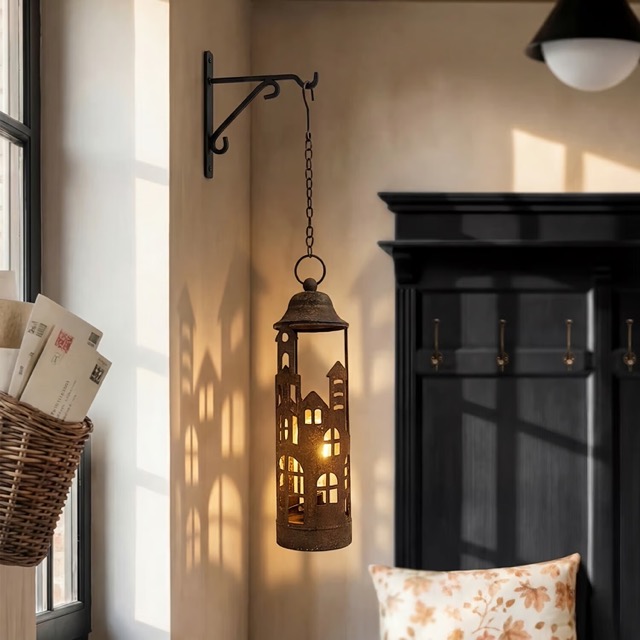 LED-Laterne Vessper - Antikbraun-Finish - Ein-/Aus-Schalter am Boden - Kette mit Aufhängering - batteriebetrieben